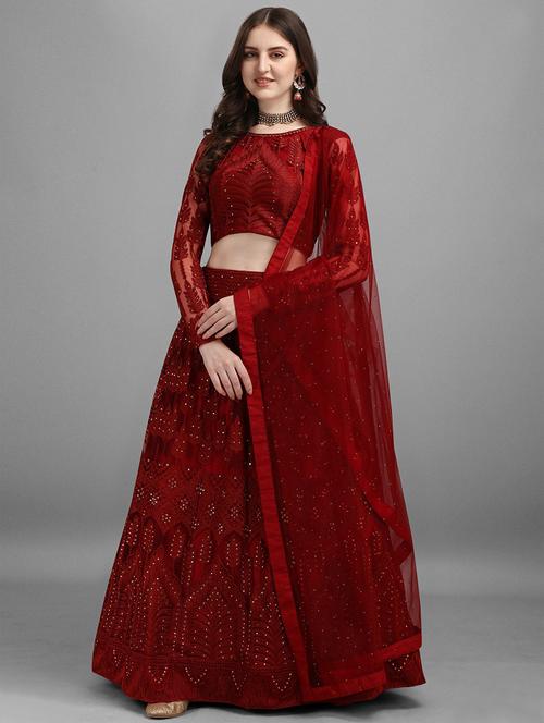 maroon embroidered flared lehenga - 19088753 - Very Small Image - 1