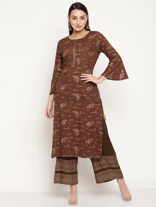 brown printed kurta palazzo set - 19089679 - Very Small Image - 1