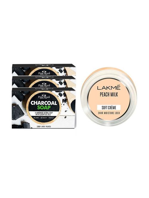 charcoal soap pack of 3 with lakme peach milk soft creme - 19091109 - Very Small Image - 1