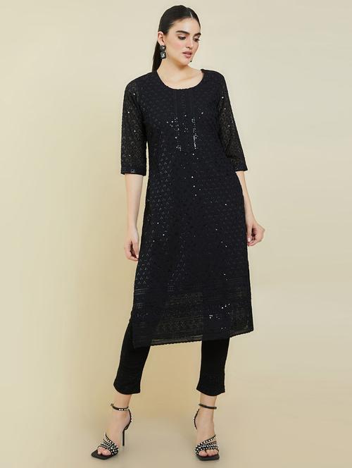 round neck chikankari detailed kurta - 19101488 - Very Small Image - 1