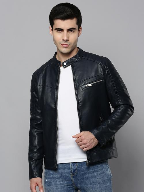 Navy Blue Leather Casual Jacket - 19101538 - Very Small Image - 1