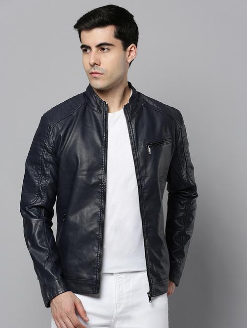 navy blue leather casual jacket - 19101552 - Very Small Image - 1