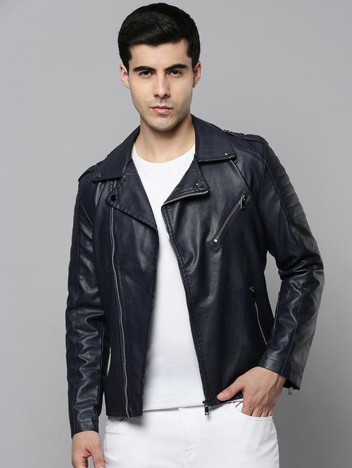 navy blue leather biker jacket - 19101553 - Very Small Image - 1