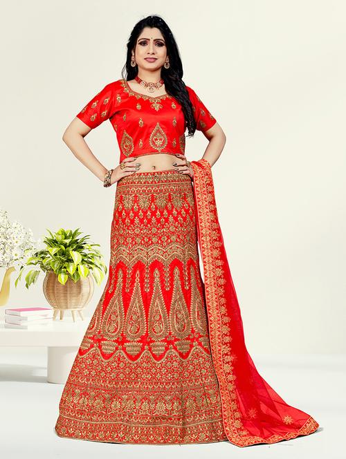 red embroidered lehenga - 19110350 - Very Small Image - 1