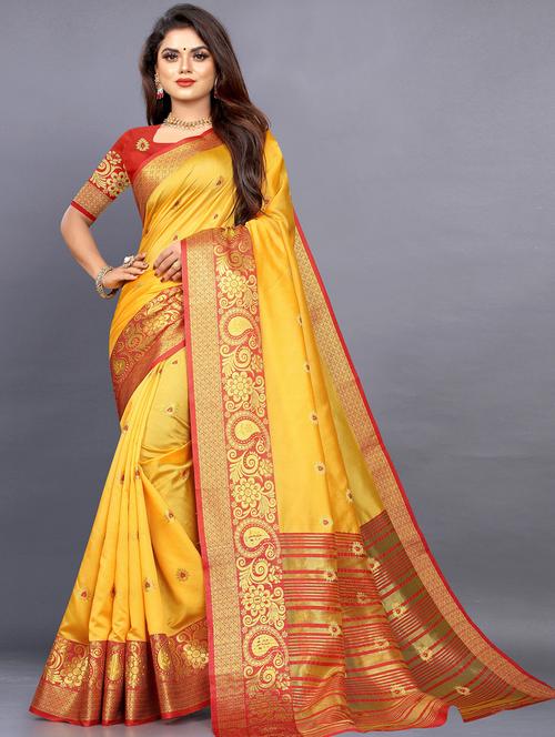 yellow silk saree - 19117936 - Very Small Image - 1