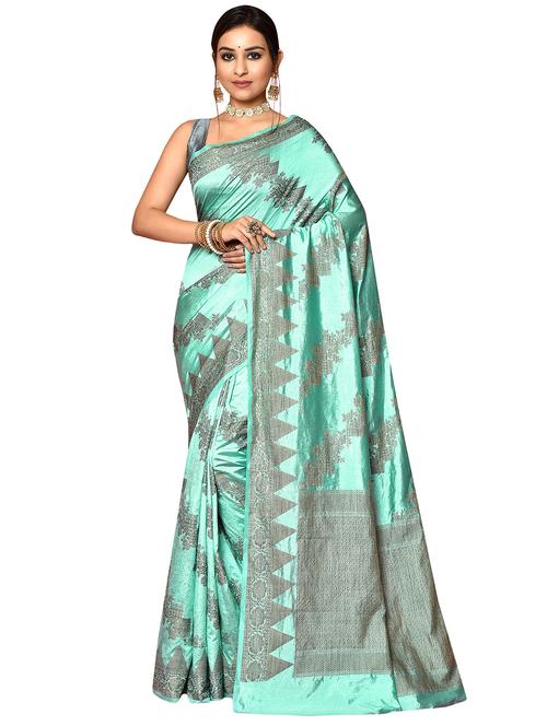 turquoise dupion banarasi saree with blouse - 19126204 - Very Small Image - 1