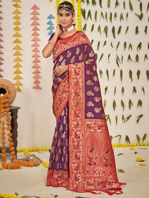 women's self design purple colored saree with blouse - 19126391 - Very Small Image - 1