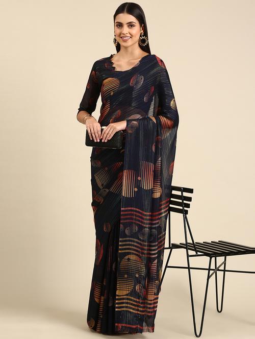 navy georgette printed saree with blouse - 19131423 - Very Small Image - 1