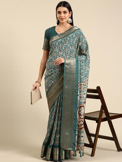 teal printed saree with blouse - 19131444 - Very Small Image - 1