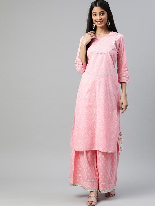 pink v-neck kurta palazzo set  - 19135737 - Very Small Image - 1