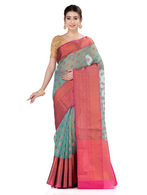 women's self design turquoise colored saree with blouse - 19137749 - Very Small Image - 1