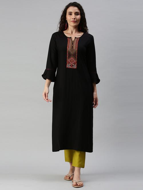 black embroidered straight kurta - 19141265 - Very Small Image - 1