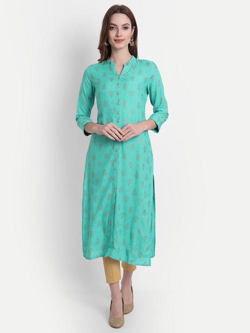 blue rayon front slit kurta - 19141837 - Very Small Image - 1