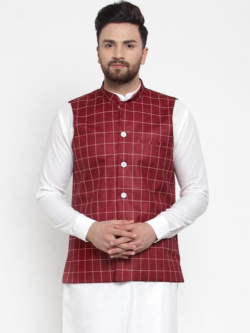 maroon checkered nehru jacket - 19142886 - Very Small Image - 1