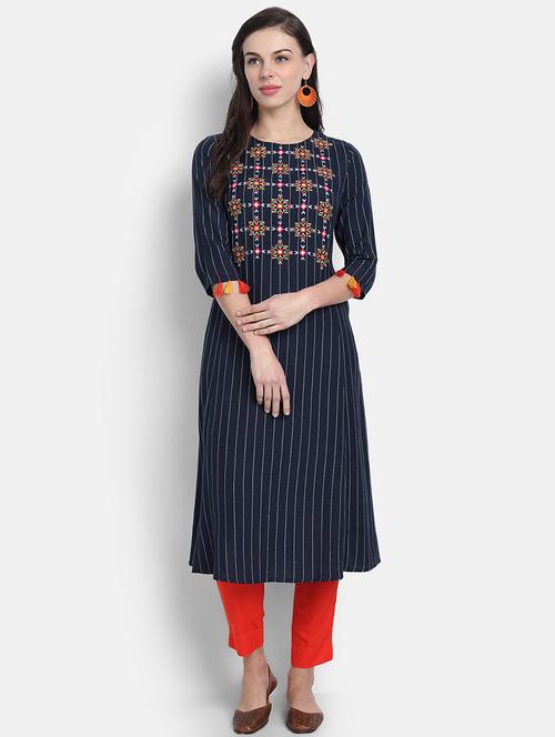 navy embroidered a-line kurta - 19144975 - Very Small Image - 1