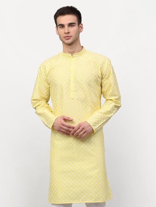 yellow solid embroidered long kurta - 19147860 - Very Small Image - 1