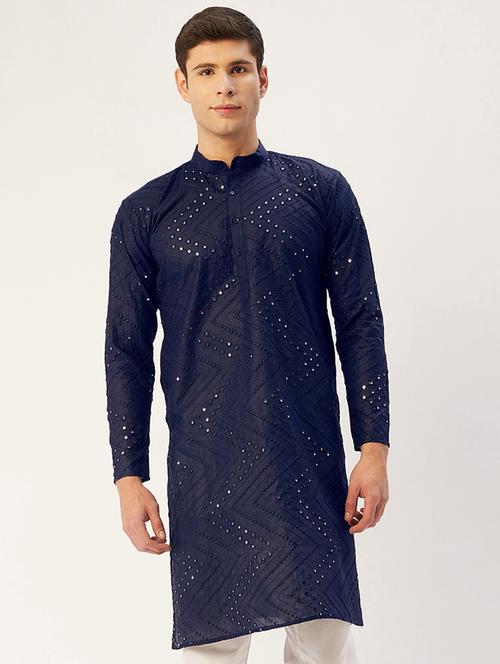 Navy Embroidered Long Kurta - 19147884 - Very Small Image - 1