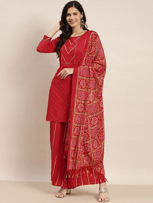 red rayon kurta salwar  set - 19148974 - Very Small Image - 1