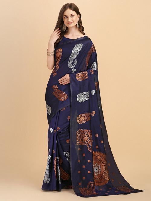navy silk banarasi saree with blouse - 19161337 - Very Small Image - 1