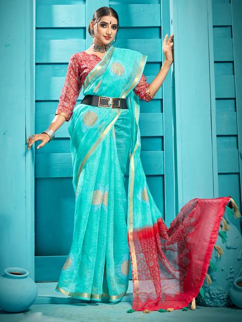 contrast bordered printed saree with blouse - 19163351 - Very Small Image - 1