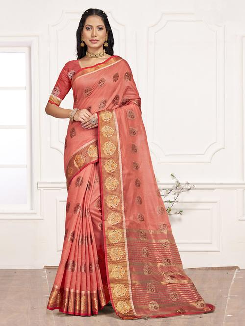 self design peach saree set with blouse - 19163505 - Very Small Image - 1