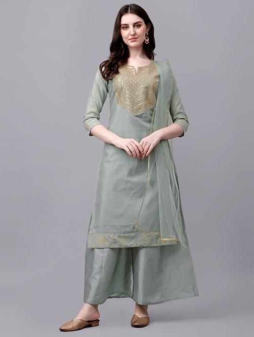 green kurta palazzo set with dupatta - 19166938 - Very Small Image - 1