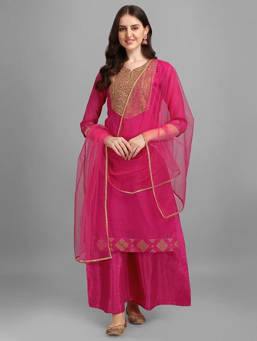 pink embroidered kurta palazzo with dupatta  - 19169493 - Very Small Image - 1