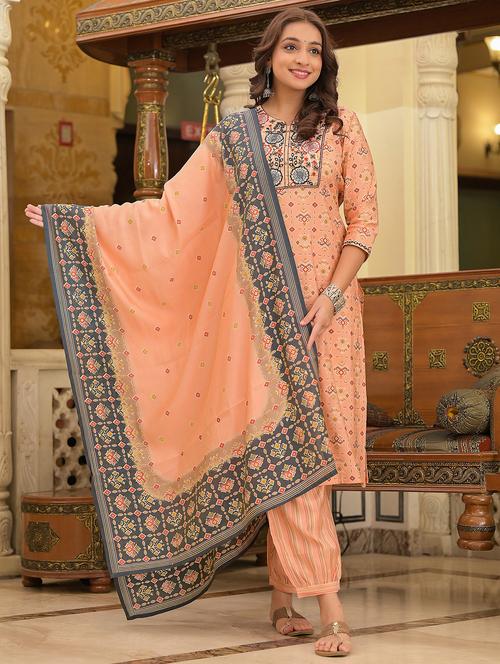 peach printed kurta dupatta set - 19169787 - Very Small Image - 1