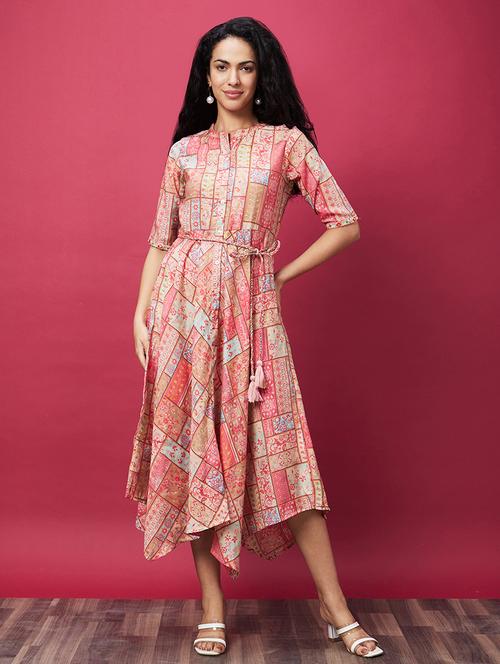 globus women coral floral patch print asymmetric hem a-line midi dress with tassel belt - 19172877 - Very Small Image - 1