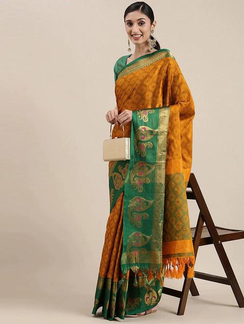 self design gold saree set with blouse - 19175918 - Very Small Image - 1