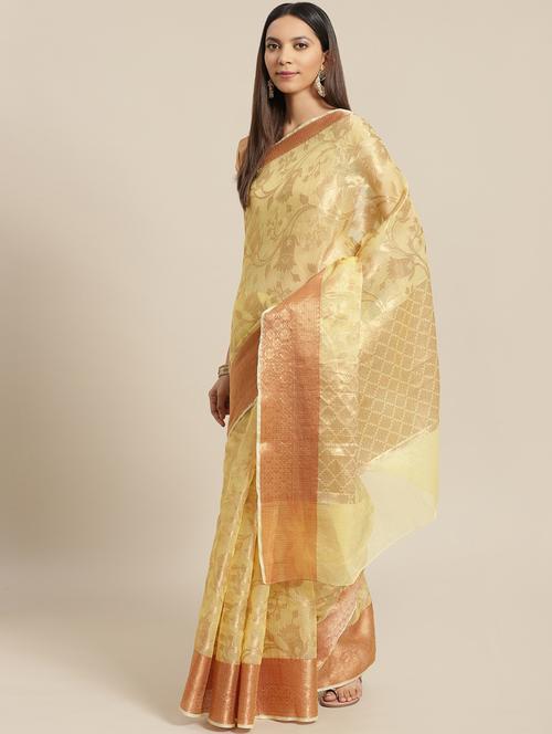 women's floral mellow yellow colored saree with blouse - 19179092 - Very Small Image - 1