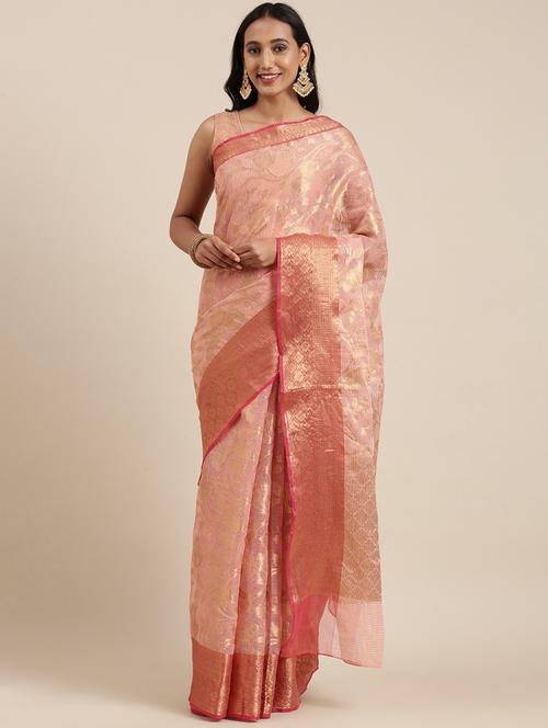women's self design peach colored saree with blouse - 19179102 - Very Small Image - 1