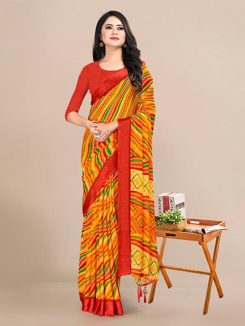 yellow chiffon printed saree with blouse - 19180824 - Very Small Image - 1