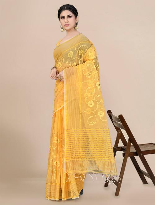 yellow net saree with blouse - 19181019 - Very Small Image - 1
