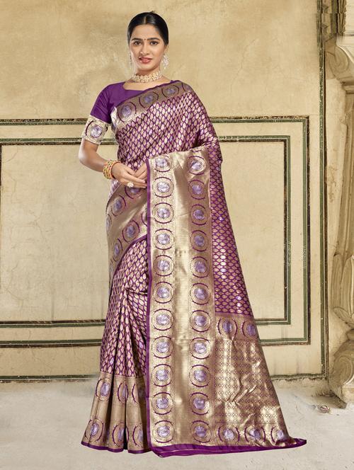 self design banarasi saree with blouse - 19183522 - Very Small Image - 1