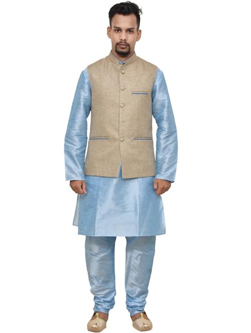 blue silk blend kurta pyjama with jacket ethnic wear set - 19187854 - Very Small Image - 1