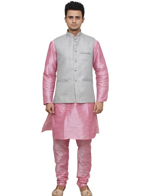 pink silk blend kurta pyjama with jacket ethnic wear set - 19187857 - Very Small Image - 1