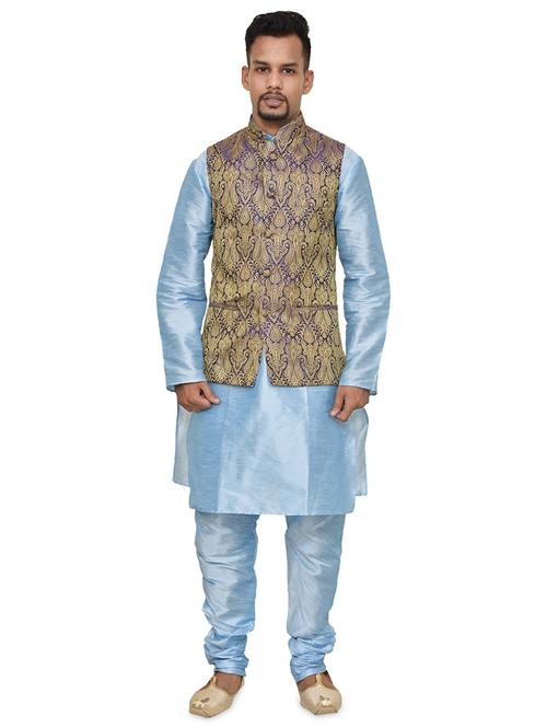 blue silk blend kurta pyjama with jacket ethnic wear set - 19187902 - Very Small Image - 1