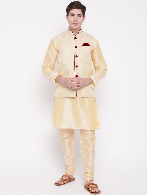 silver silk blend kurta pyjama with jacket ethnic wear set - 19188001 - Very Small Image - 1
