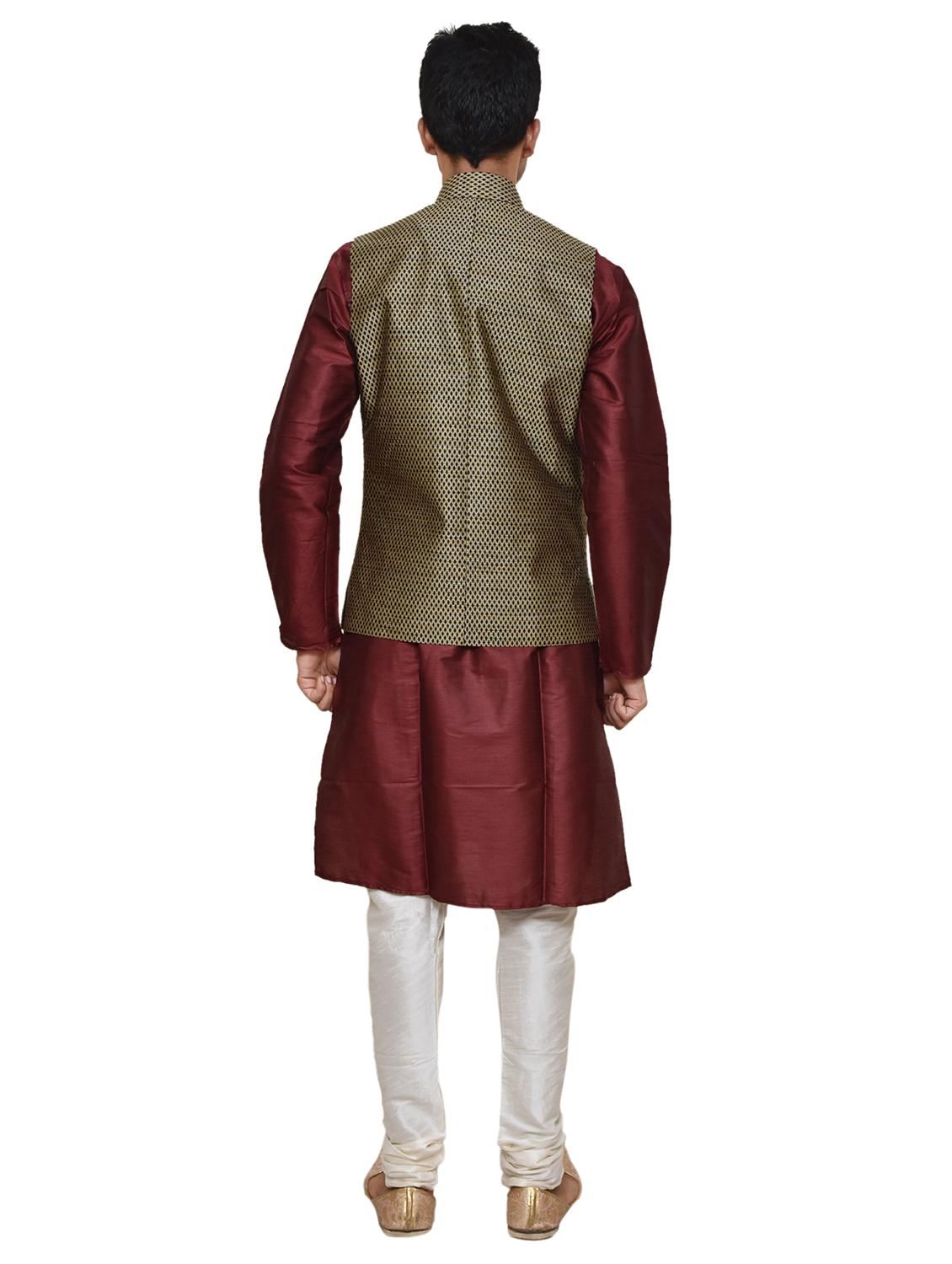 maroon silk blend kurta pyjama with jacket - 19188065 - Zoom Image - 2