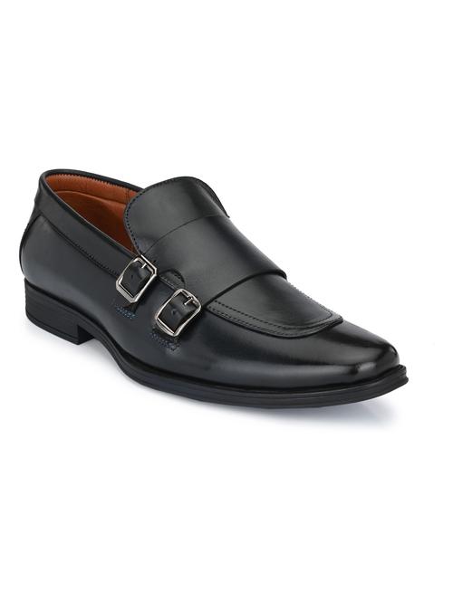 black leatherette slip on monk straps - 19190019 - Very Small Image - 1
