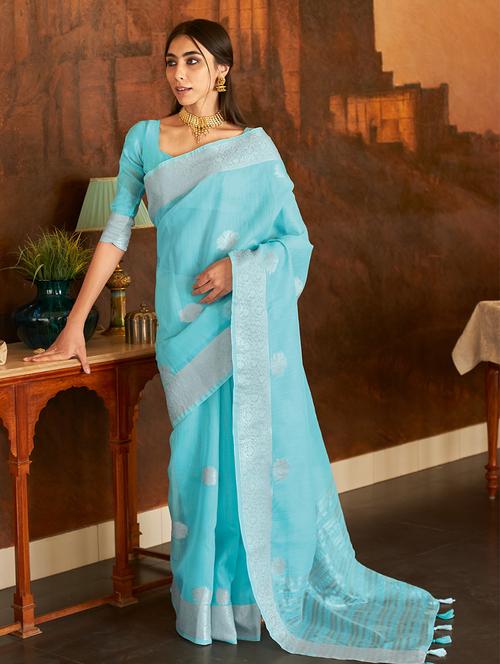 sky blue linen saree - 19197161 - Very Small Image - 1