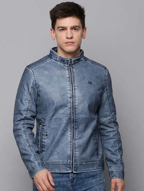 Blue Leather Casual Jacket - 19197400 - Very Small Image - 1