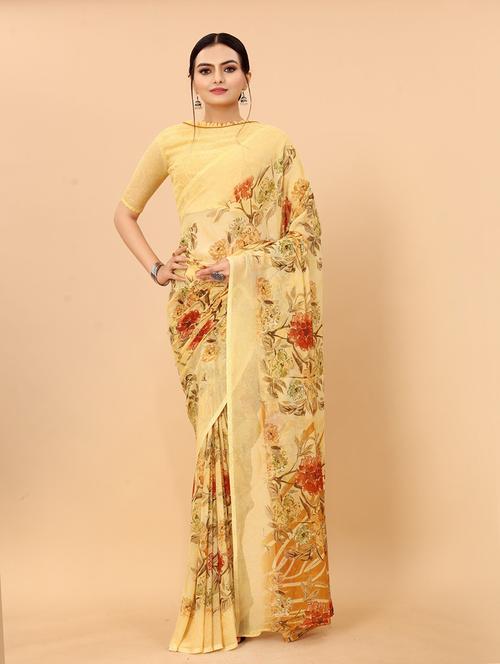 yellow printed saree with blouse - 19198553 - Very Small Image - 1