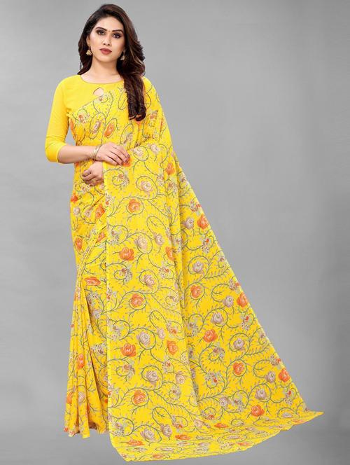yellow printed saree - 19198697 - Very Small Image - 1