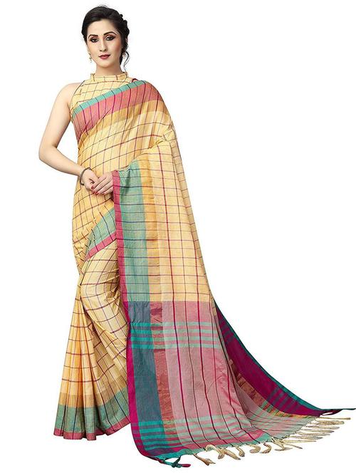 yellow checked set saree - 19198801 - Very Small Image - 1