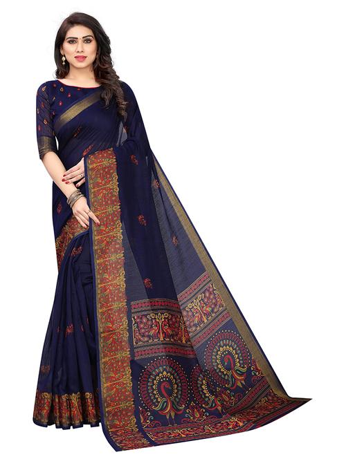 dark blue printed saree with blouse - 19200374 - Very Small Image - 1