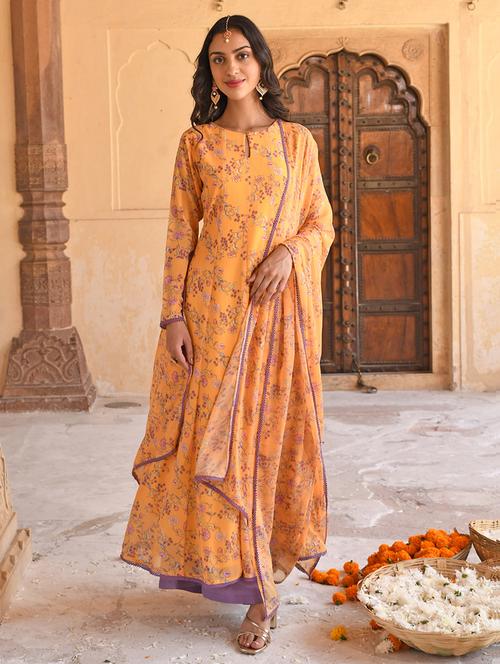 janasya yellow georgette floral printed kurta with flared palazzo and dupatta - 19218487 - Very Small Image - 1
