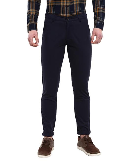 navy blue solid flat front casual trouser - 19220493 - Very Small Image - 1
