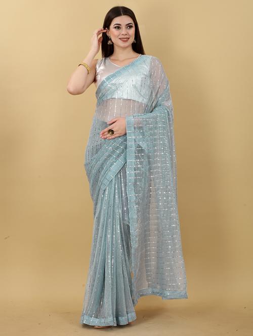 blue sequin detailed saree with blouse - 19221561 - Very Small Image - 1